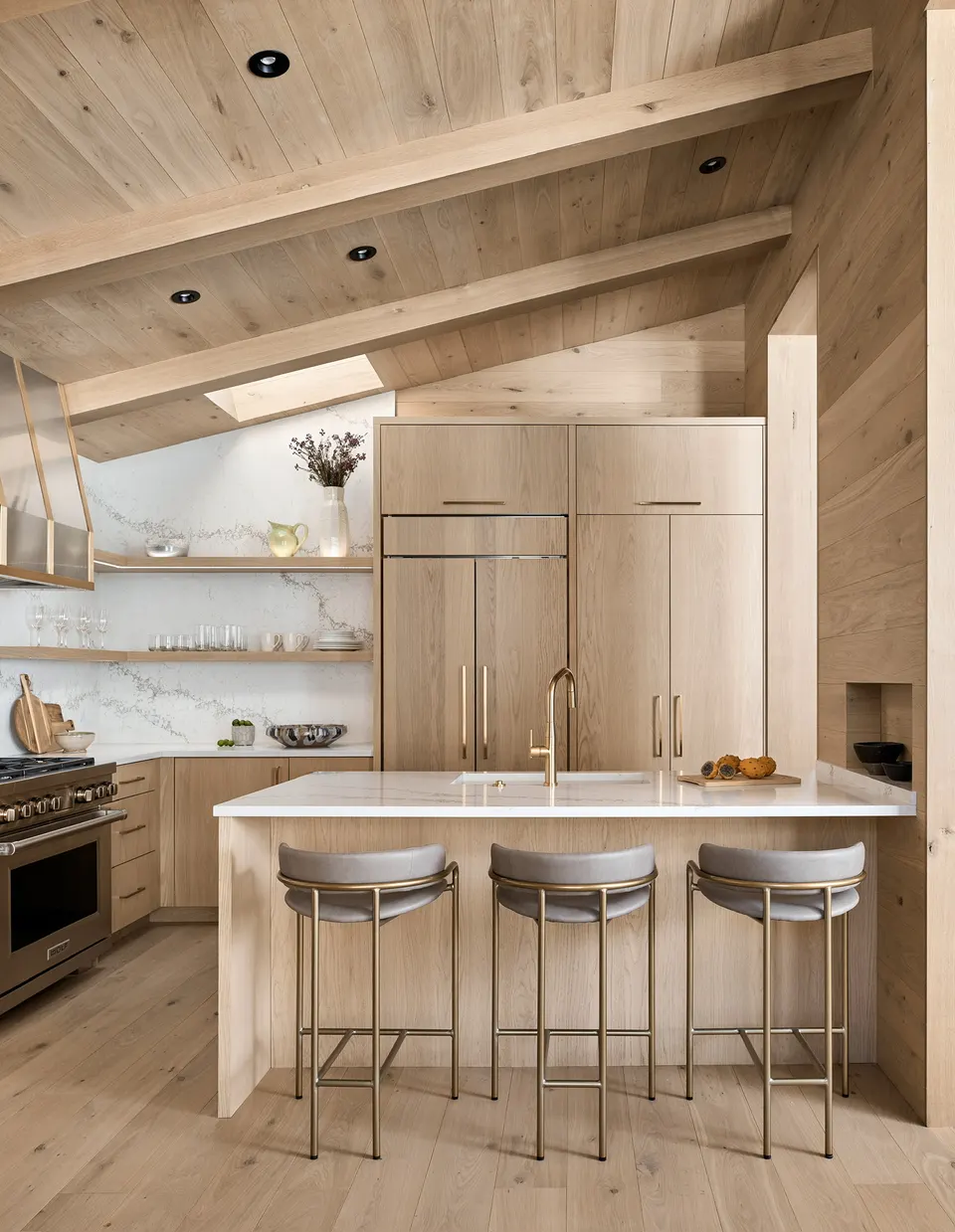 Kitchen island with marble counters over pale white oak plank flooring