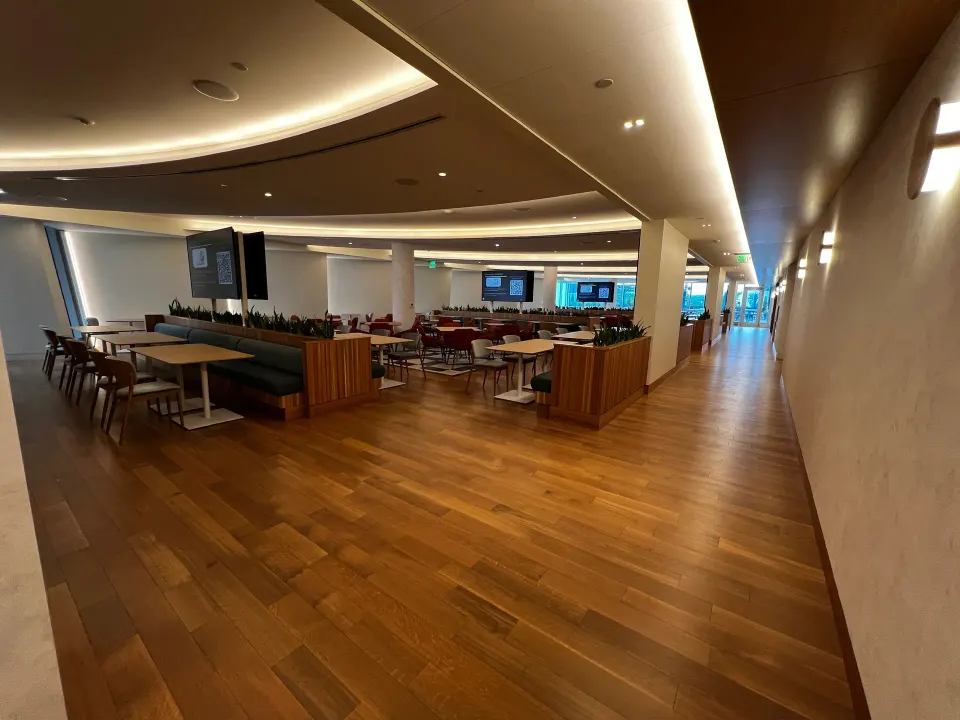 Walnut hardwood flooring in a restaurant dining room with tables set