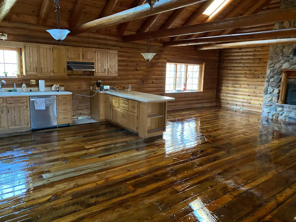 Refinished hardwood in a log cabin kitchen