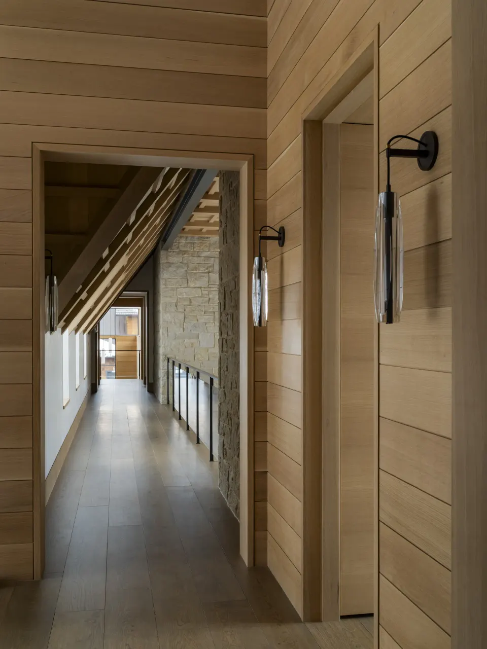 White oak shiplap hallway with the plank floor running through
